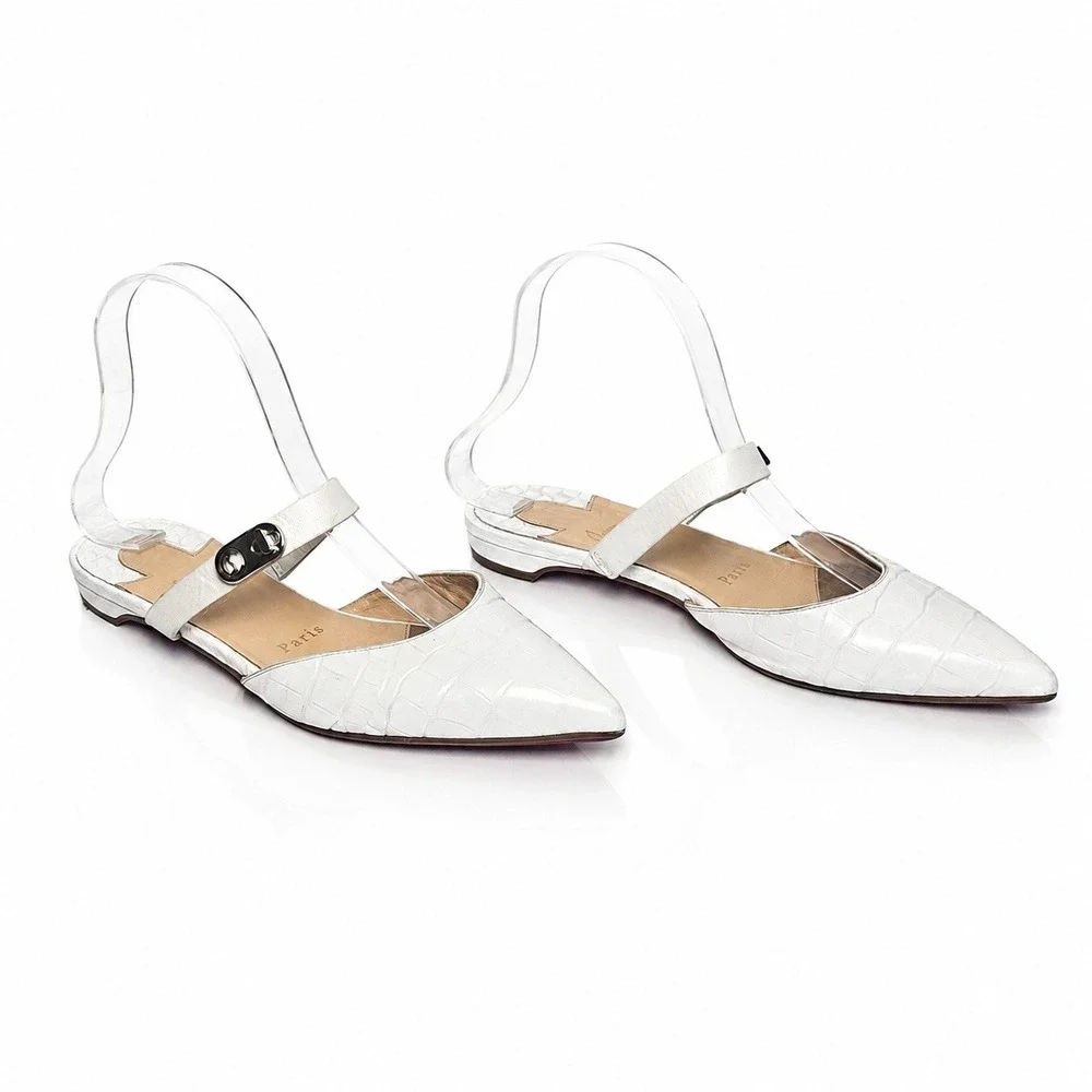 Christian Louboutin CHOC LOCK Croc Embossed Leather Flat Mules White‎ Sz 36
